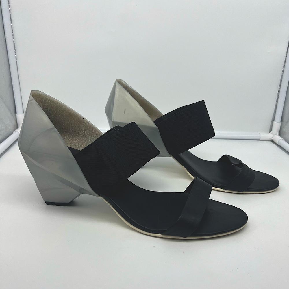 UNITED NUDE Black Leather Rubber Sculptural Cone Heel Open Toe Wedges Sandals 41